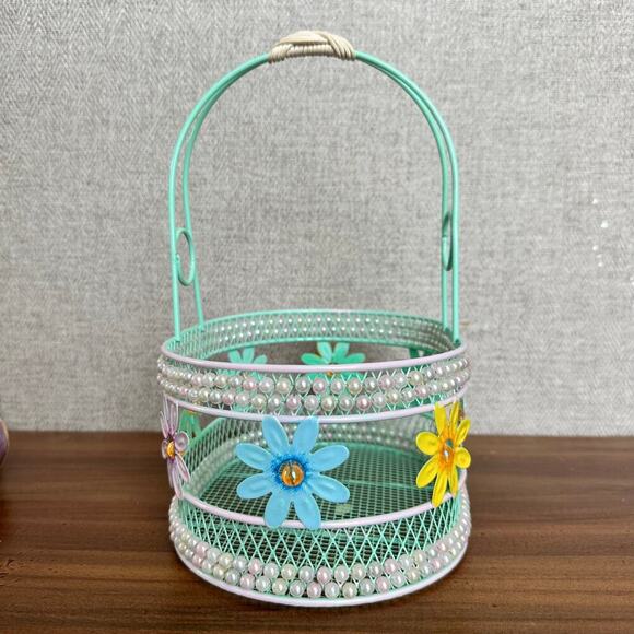 VTG Easter Bunny Figurine With Flower‎ Wire Basket And Colorful Ceramic Eggs - Picture 5 of 16